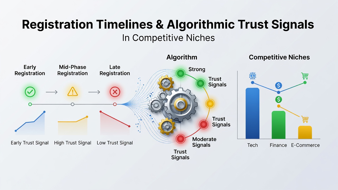 Timeline visualization of domain registration events impacting trust signals in competitive search niches